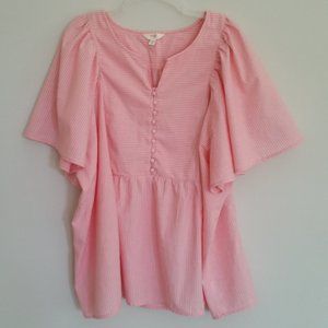 TERRA & SKY 3X PINK & WHITE STRIPE TOP BLOUSE BUTTERFLY SLEEVES 100% COTTON